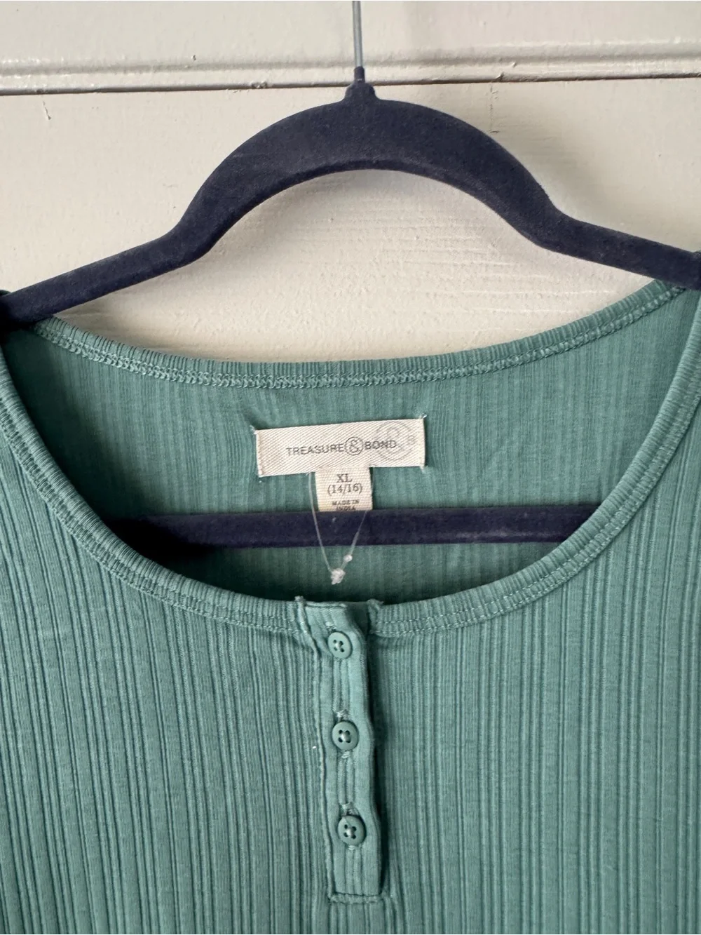Treasure & Bond Girls Short Sleeve Ribbed Henley Dress - Teal Green, XL (14/16)